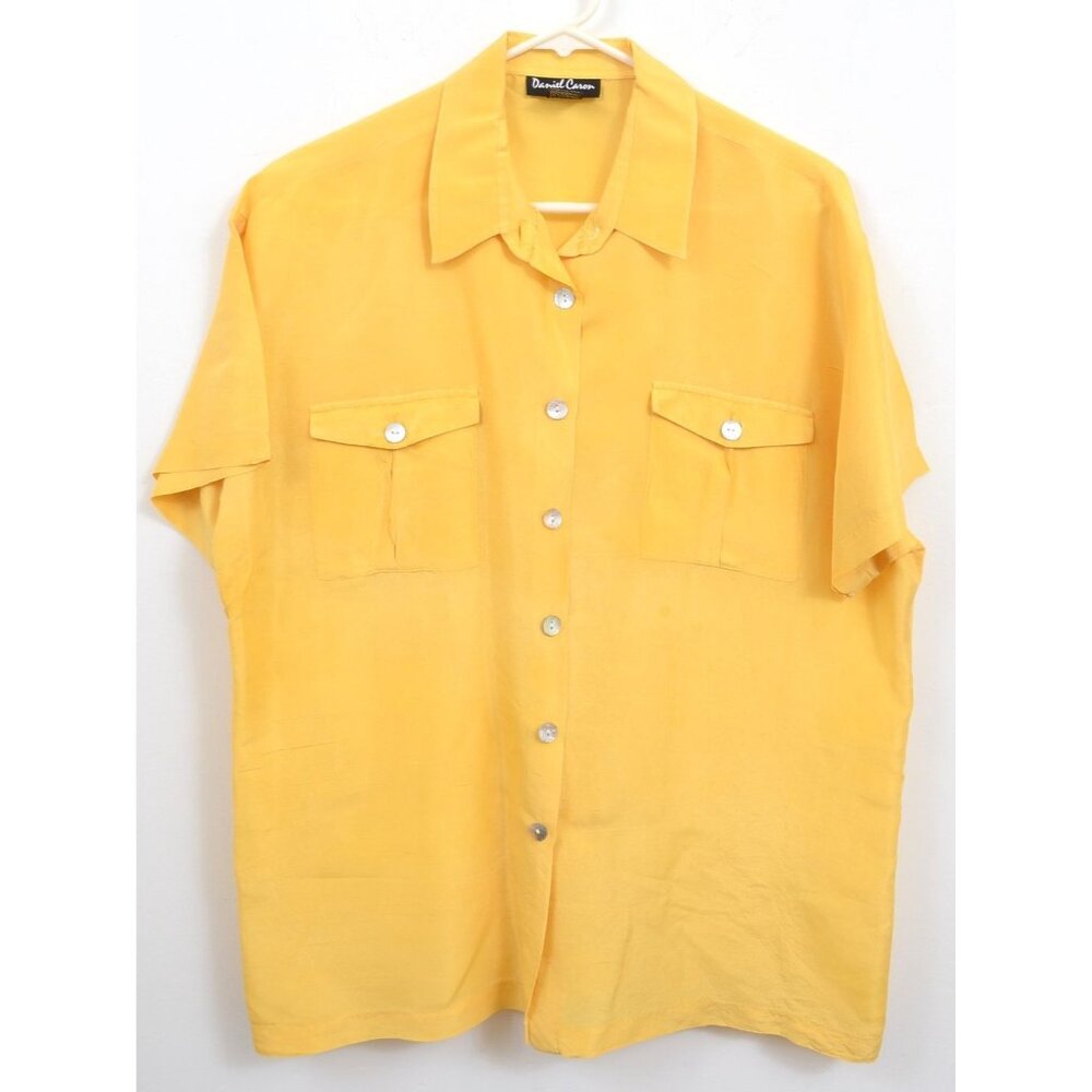 Vintage‎ Daniel Caron 100% Silk LARGE Button Down Blouse Short Sleeves Pockets
